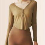 Women's Camel Cropped Button Yoga Top