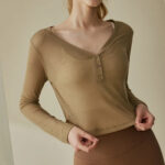 Women's Camel Cropped Button Yoga Top - Image 2